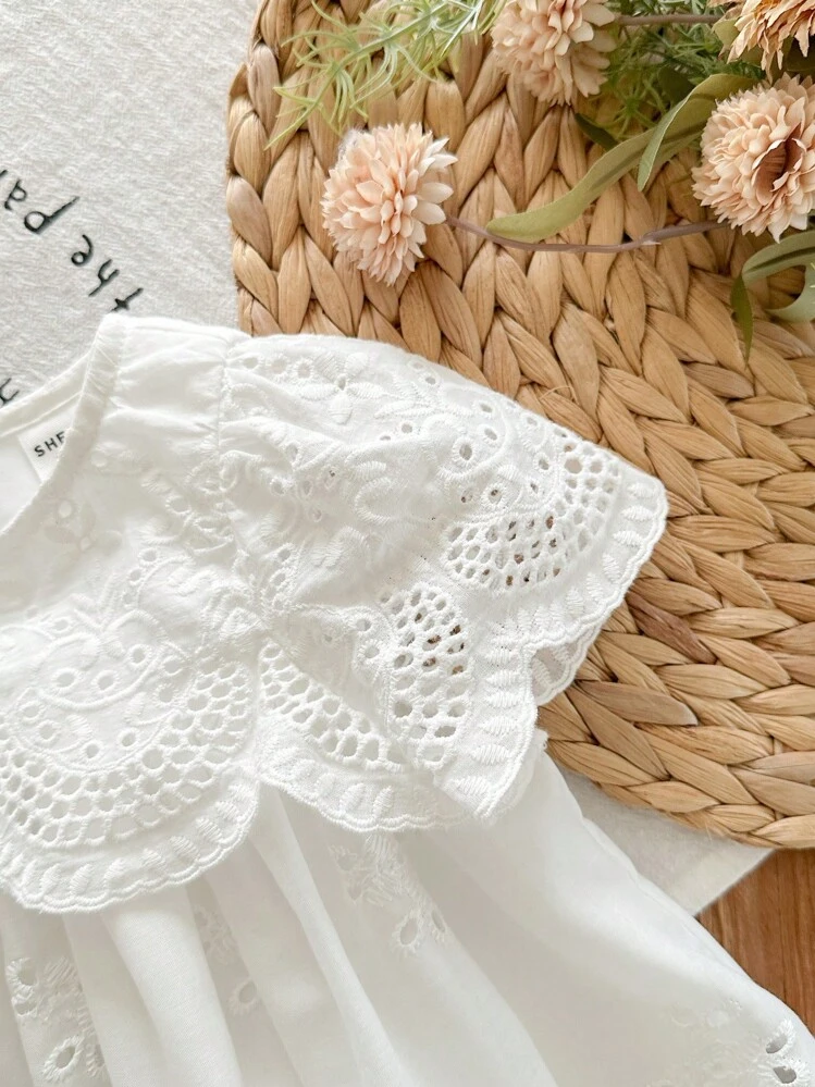 LMoss Kids LMoss Baby Girl Woven Embroidered Ruffle Hem Casual Dress Baby Girl White Lace Dress Ivory Baby Dress Baby Vintage Dress Newborn White Dress Toddler Girl White Dress - White - View 4