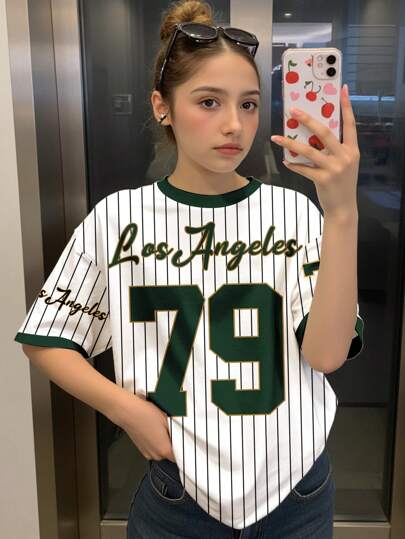 SHEIN 酷女孩，街头，运动风棒球图案印花，绿色79，适合夏季的少女休闲简约超大针织T恤，夏季少女单品，假期放松