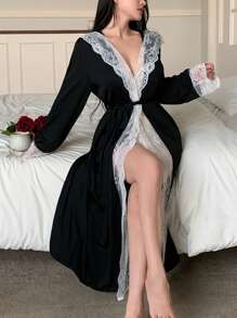 Snug Zone Casual Elegant Lace Patchwork Hooded Belted Bath Robe For Women, Cozy And Elegant Details, Fall & Winter - Black and White - View 3