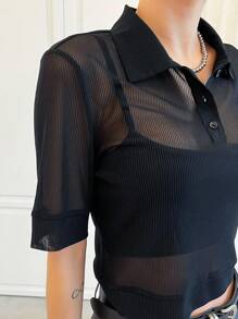 DAZY Solid Half Button Crop Top Without Cami Top Festival Sheer - Black - View 2