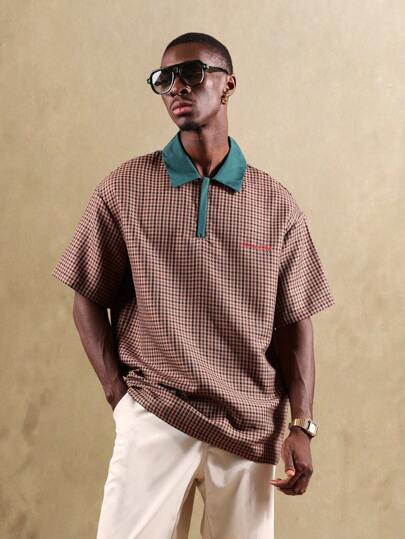 SUMWON Blusa tipo polo de corte recto con estampado a cuadros de estilo retro, prenda clásica de golf y tenis de uso atlético para primavera y verano con cuello