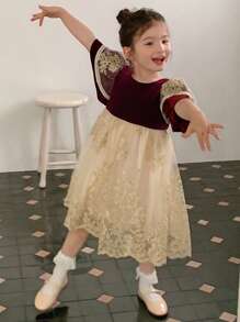 DAZY Vestido de niña de estilo vintage burdeos, ropa de otoño para niña joven - Burdeos - Ver 3