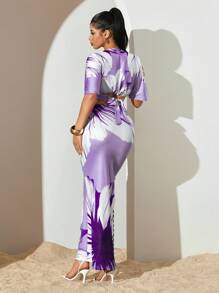 Sirith 女士碎花短款泡泡袖上衣和修身半裙套装，优雅度假两件套 - 紫色 - 查看 2