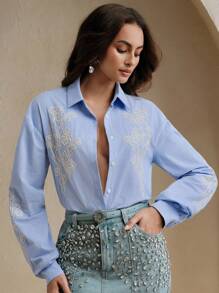 Anewsta Fashionable Versatile Embroidered Women Blouse Shirt - Blue - View 4