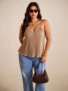 Elaquor Camiseta de tirantes con pliegues y volantes de unicolor para mujer de talla grande para el verano - Caqui - Ver 6