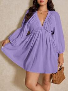 Elaquor Plus Size Women Cotton V-Neck 3/4 Sleeve Short Dress Spring To Summer Fall - Lilac Purple - View 4