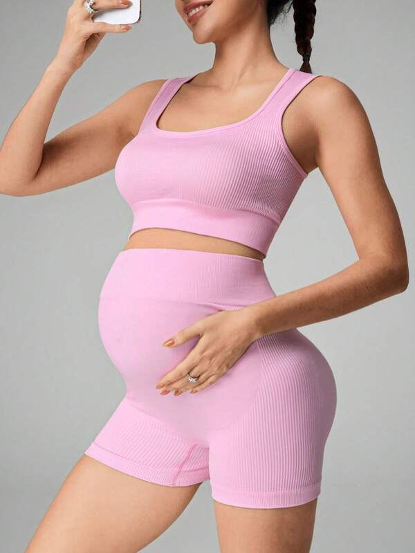 SHEIN Conjunto deportivo de top corto y shorts de unicolor para maternidad