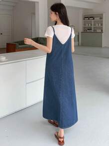 DAZY 女式宽松牛仔吊带连衣裙，春夏 - 水鴨藍 - 查看 4