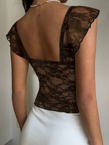 MainGRL Women's Summer Coffee Brown Lace Ruffle Hem Sweetheart Neck Puff Sleeve Elegant T-Shirt - Coffee Brown - View 2