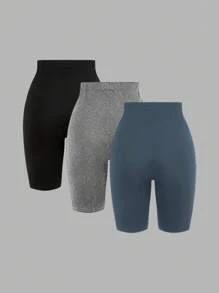 SHEIN SXY 3 条装女式紧身裤，舒适顺滑，适合瑜伽、健身、骑行和日常穿着，女式骑行短裤短款紧身裤，女式运动短裤，骑行短裤套装；3 条装骑行短裤