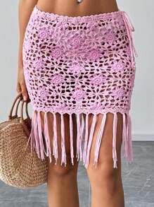 SHEIN Swim Women's Summer Beach Resort Handmade Crochet Tassel Patchwork Cover Up Skirt - Pink - View 2