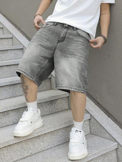 Manfinity EMRG Men's Pockets Loose Wide Leg Casual Versatile Denim Shorts Grey Jean Shorts Men