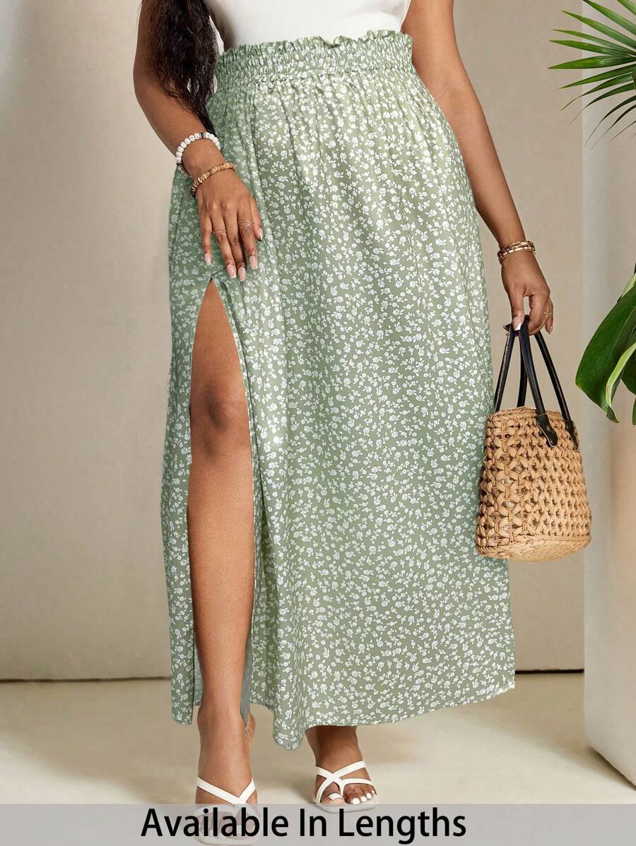 SHEIN PETITE CURVE Váy xòe in hoa cỡ lớn cho kỳ nghỉ hè - màu xanh lá - Xem 1