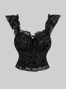 SHEIN CURVE+ 大码女式优雅花卉植绒网眼背心，夏季 - 黑色 - 查看 4