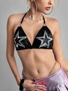 ROMWE Grunge Punk Top corto con decoración de estrella de cuentas estilo grunge rock de los 2000 para festival de música Y2K - Negro - Ver 1