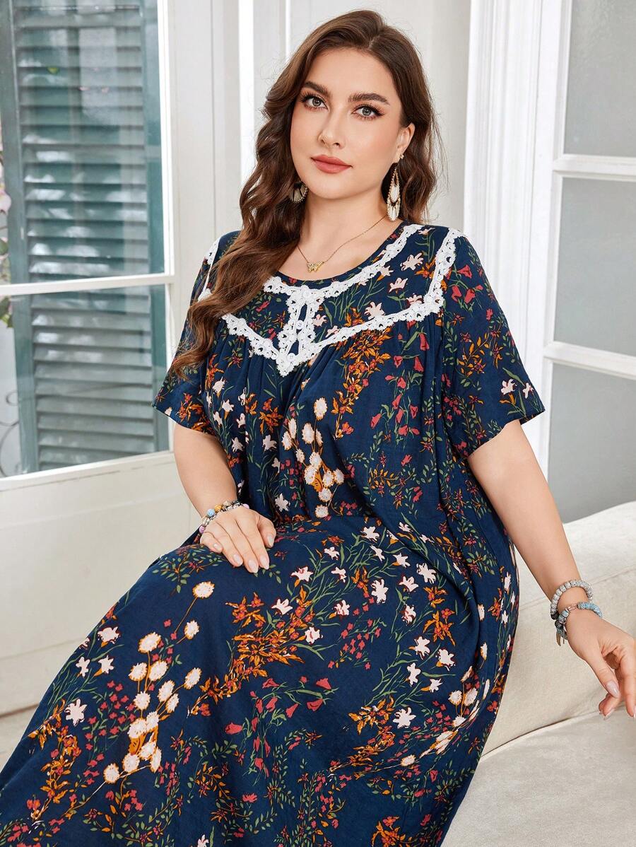 Lacomfia 大码女式短袖印花A字型阿拉伯连衣裙