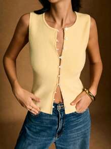 Poéselle 女士休闲纯色无袖针织上衣，夏季 - 黃色 - 查看 4
