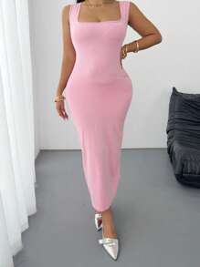 Maweii Plus Size Square Neck Ruched Waist Fitted Cami Dress - Pink - View 5