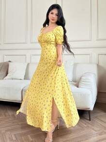 Modelyn Damen Kleid mit quadratischem Ausschnitt, kleinem Blumenmuster, Schlitz, Urlaubsstil, Sommer, Kurzarm, lange Abendkleider - Butter Yellow - Übersicht 3