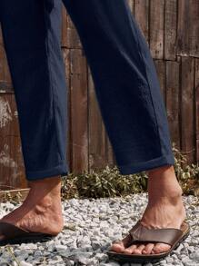 Palmeraft Men Solid Color Pocket Straight-Leg Casual Versatile Cropped Linen Boho Pants, Fall - Royal Blue - View 4
