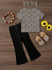 SHEIN Leap Crew 女婴休闲豹纹和蝴蝶结装饰，简约短袖圆领上衣和裤子套装，适合春夏季 - 彩色 - 查看 5