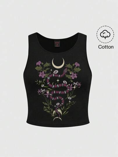 Goth ملابس علوية بلا أكمام باللون الأسود مقاس كبير مع طبعات جوثية لساحرة، ثعبان، فراشة، نبات، نجم، قمر