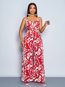 SOLERSUN 波西米亚风热带印花露背挂脖连体裤，垂坠感海滩度假女装 - 紅色 - 查看 4