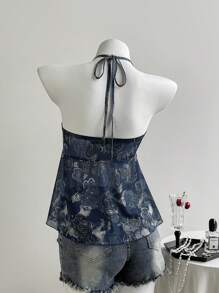 Breezaya Women's Boho Royal Blue Halter Sleeveless Top Semi-Sheer Knitted Fabric With Ruched Details And A Flared Hem For A Regular Fit - Royal Blue - View 3