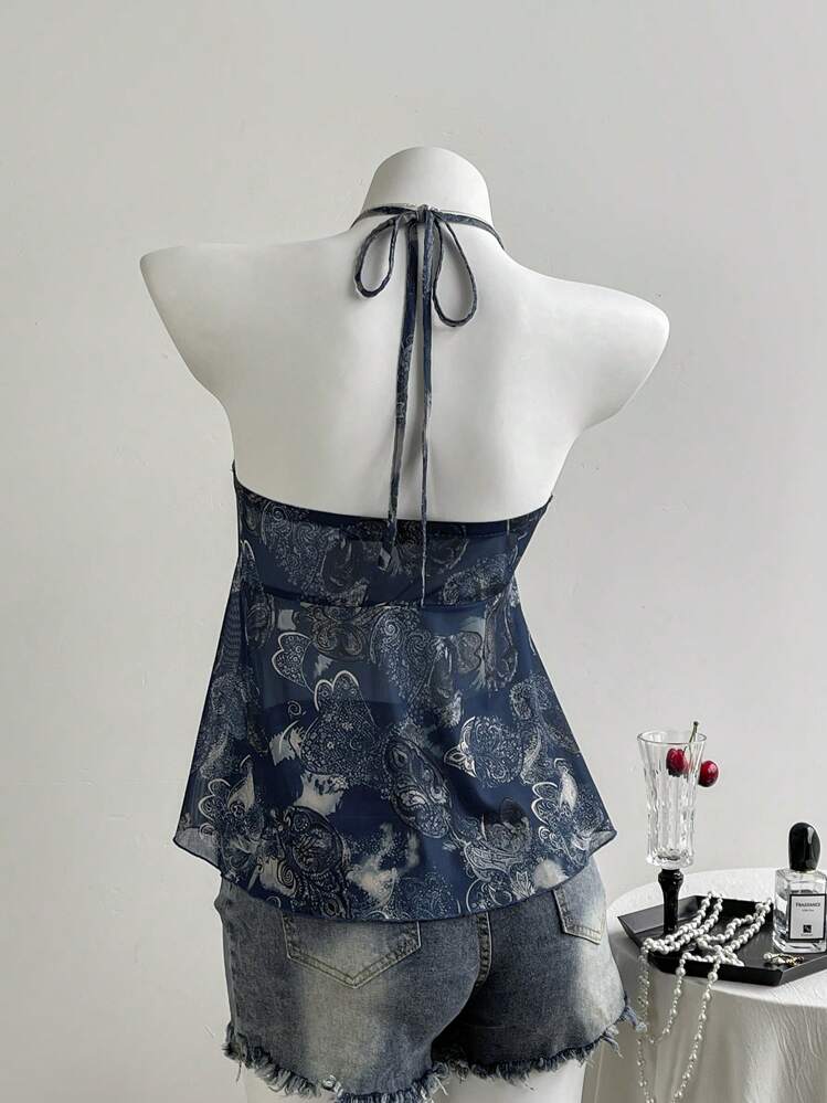 Breezaya Women's Boho Royal Blue Halter Sleeveless Top Semi-Sheer Knitted Fabric With Ruched Details And A Flared Hem For A Regular Fit - Royal Blue - View 3