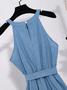 SHEIN Unity 法式优雅系带腰部设计独特连衣裙，时尚别致的女士风格，春夏 - 藍色 - 查看 6