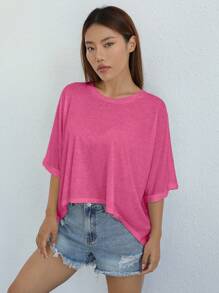 SHEIN EZwear Camiseta de punto asimétrica sólida de color rosa fucsia, de cuello redondo y manga corta, de estilo sencillo y elegante para mujer - Rosa Fucsia - Ver 5