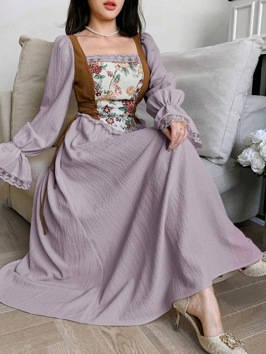 Feyla 女士长袖简约优雅长裙，适合夏季 - 淺灰紫 - 查看 1