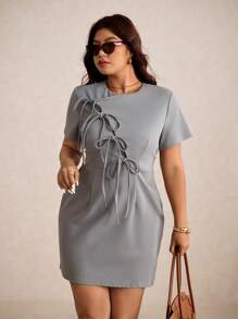 Elaquor Plus Size Bow Knot Tie Waist Fitted Short Sleeve Mini Casual Dress