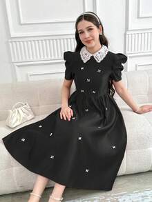 Rochie mini elegantă cu mânecă scurtă și decor cu perle pentru fete adolescente