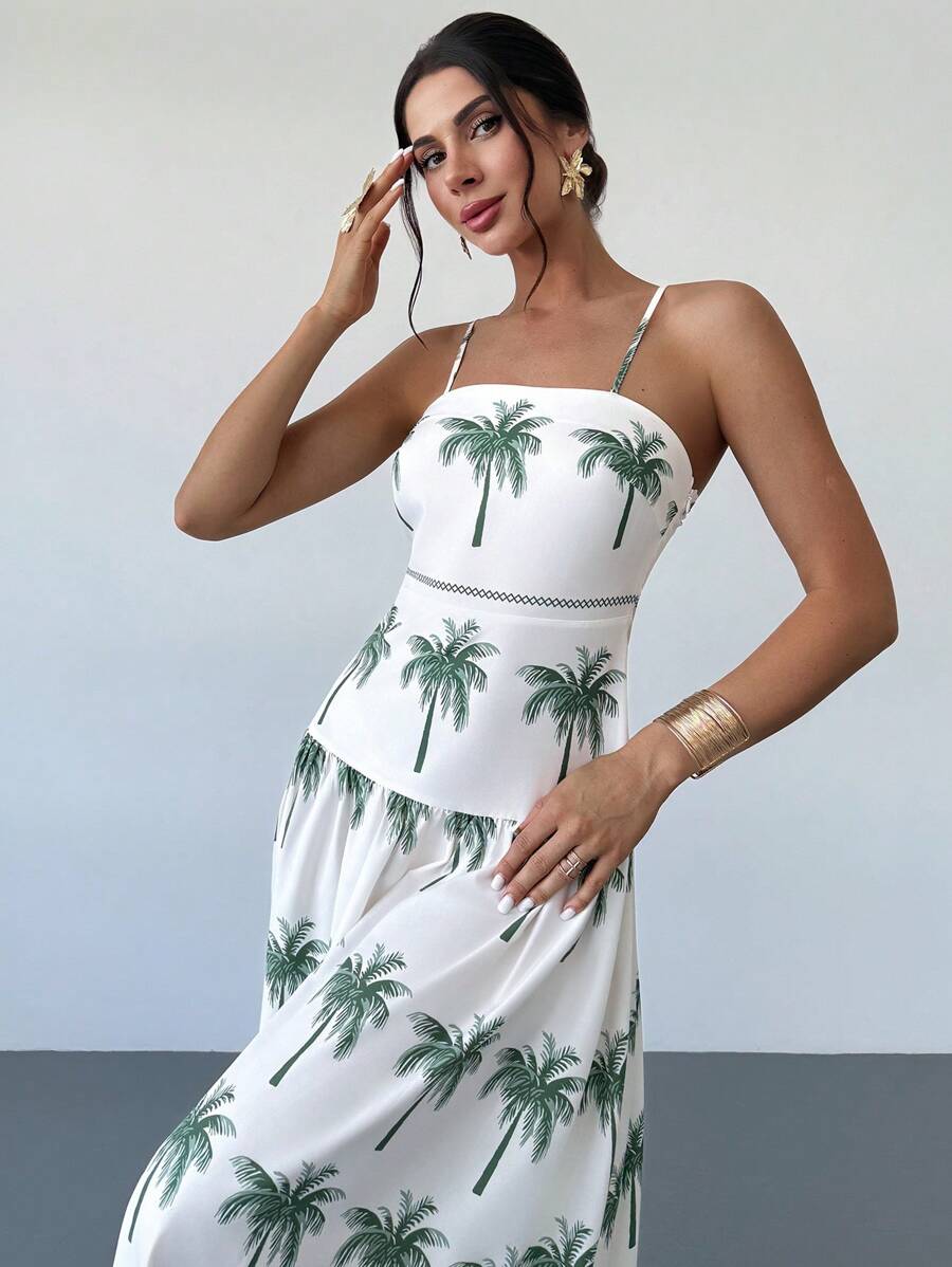 Firerie Women's Elegant Casual Beach Vacation New Palm Tree Print Cinched Waist Maxi Slip Dress, Summer - Green - View 1