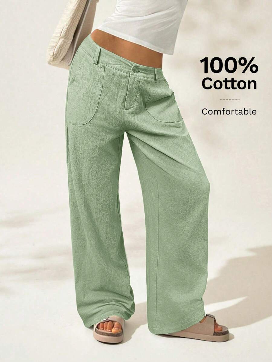 Easelle 女士休闲水洗棉低腰直筒长裤，绿色 - 綠色 - 查看 1