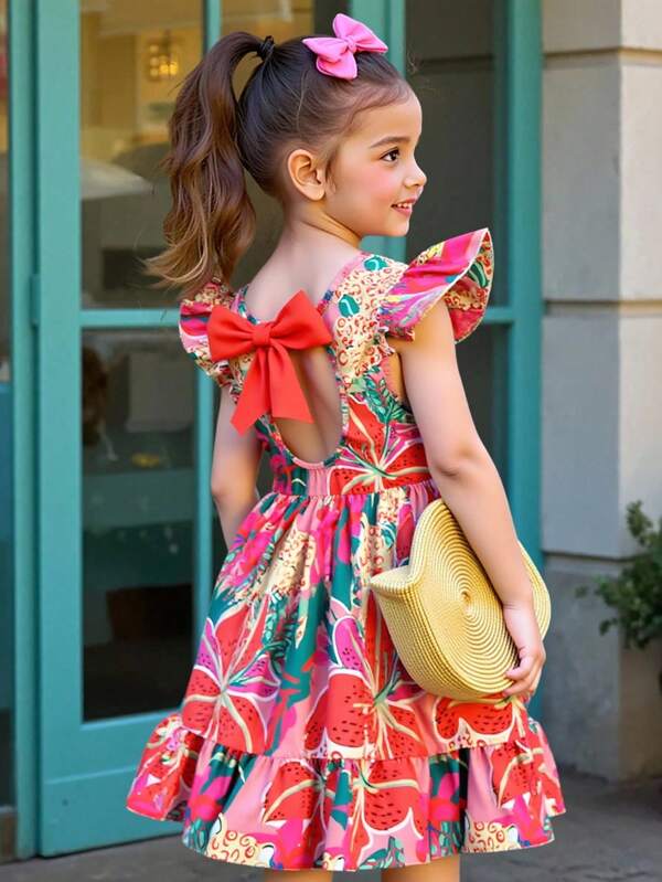 Vestido casual de moda para niñas con estampado floral elegante, cuello redondo, mangas cortas, espalda hueca, cintura con lazo y volantes en el bajo, ideal para vacaciones y verano