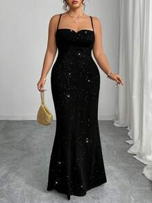 SHEIN PETITE 加大码性感细肩带露背亮片连衣裙，夏季 - 黑色 - 查看 6