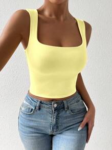 SHEIN Unity Square Neck Sleeveless Tank Top,Summer,Basic Going Out Tank Top,Vacation,Office - Yellow - View 4