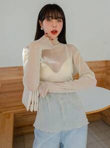 DAZY Lettuce Trim Mock Neck Mesh Top Without Bra Going Out Tops Sheer,Back To School Clothes
