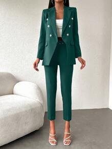 EURMUSE Women's Double Breasted Suit Jacket And Trousers Set - Teal Blue - View 4