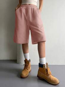 DAZY Pantalones cortos casuales con cintura elástica y cordón, versátiles para usar con suéteres en verano - Rosa - Ver 3