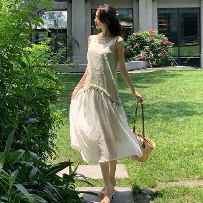 여성 보헤미안 스타일 비즈 패치워크 민소매 맥시 프린트 롱 드레스, 여름용