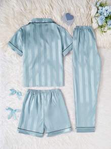 3 pièces Set de cardigan à manches courtes rayé pastèque, short et pantalon casual, tenue de détente pour filles - Bleu azur - Voir 2