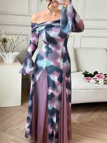 Modelyn Women's Long Off Shoulder Flare Mesh Romantic Tie Dye Design Korean Style Elastic Elegant Flare Sleeve Maxi Dress - Multicolor - View 7