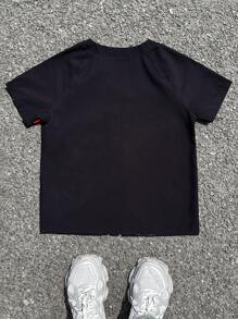 Tween Boy Casual Sport Colorblock Letter Print Short Sleeve Jersey Shirt, Suitable For Summer, Outdoor Play, School, Street Photography, Party And Home Leisure - Black - View 2