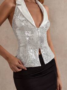 Glamine Women's Fashionable Sexy Sequin Backless Halter Vest Waistcoat, Summer - White - View 1