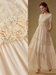 MOTF PREMIUM CONTRAST LACE APPLIQUES DRESS - Apricot - View 1