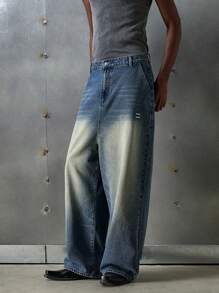 NEON BLANC Men's Street Fashion Woven Loose Fit Embroidered Flared Leg Jeans