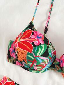 SHEIN Swim Beach Summer Outfits For Women, Tropical Flower Print Push Up Strap Bikini Set, 2pcs - Multicolor - View 3